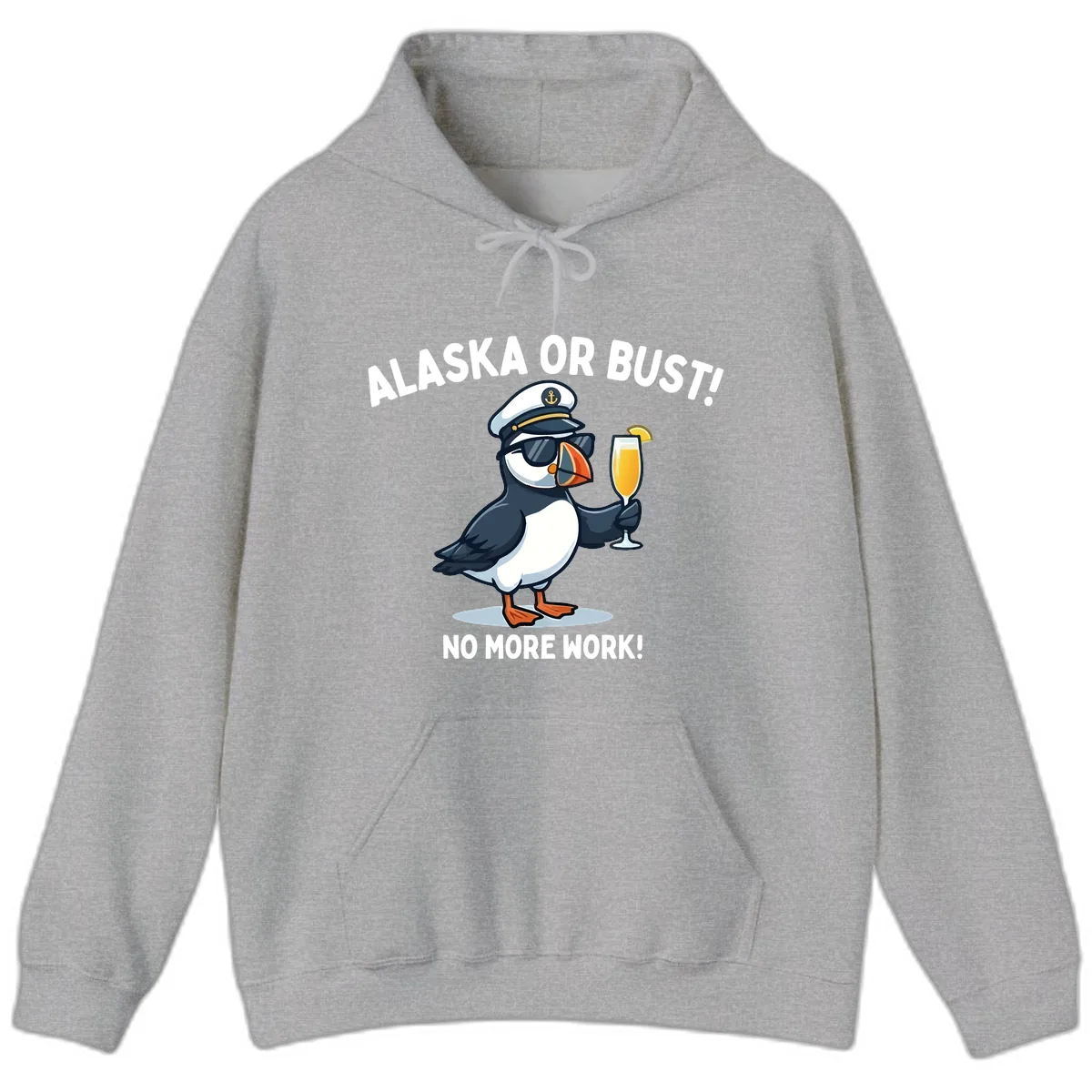 Alaska or Bust Captain Puffin Cruise Fun Hoodie in Sport Grey