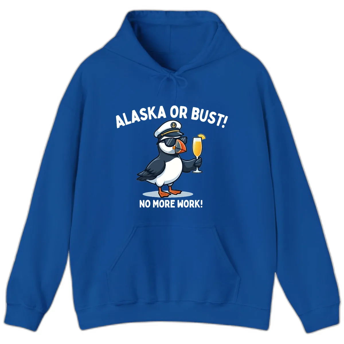 Alaska or Bust Captain Puffin Cruise Fun Hoodie in Royal