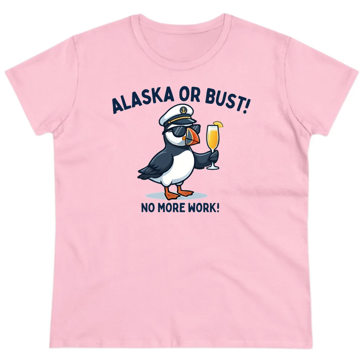 Alaska or Bust Captain Puffin Cruise Fun Ladies Tee in Light Pink
