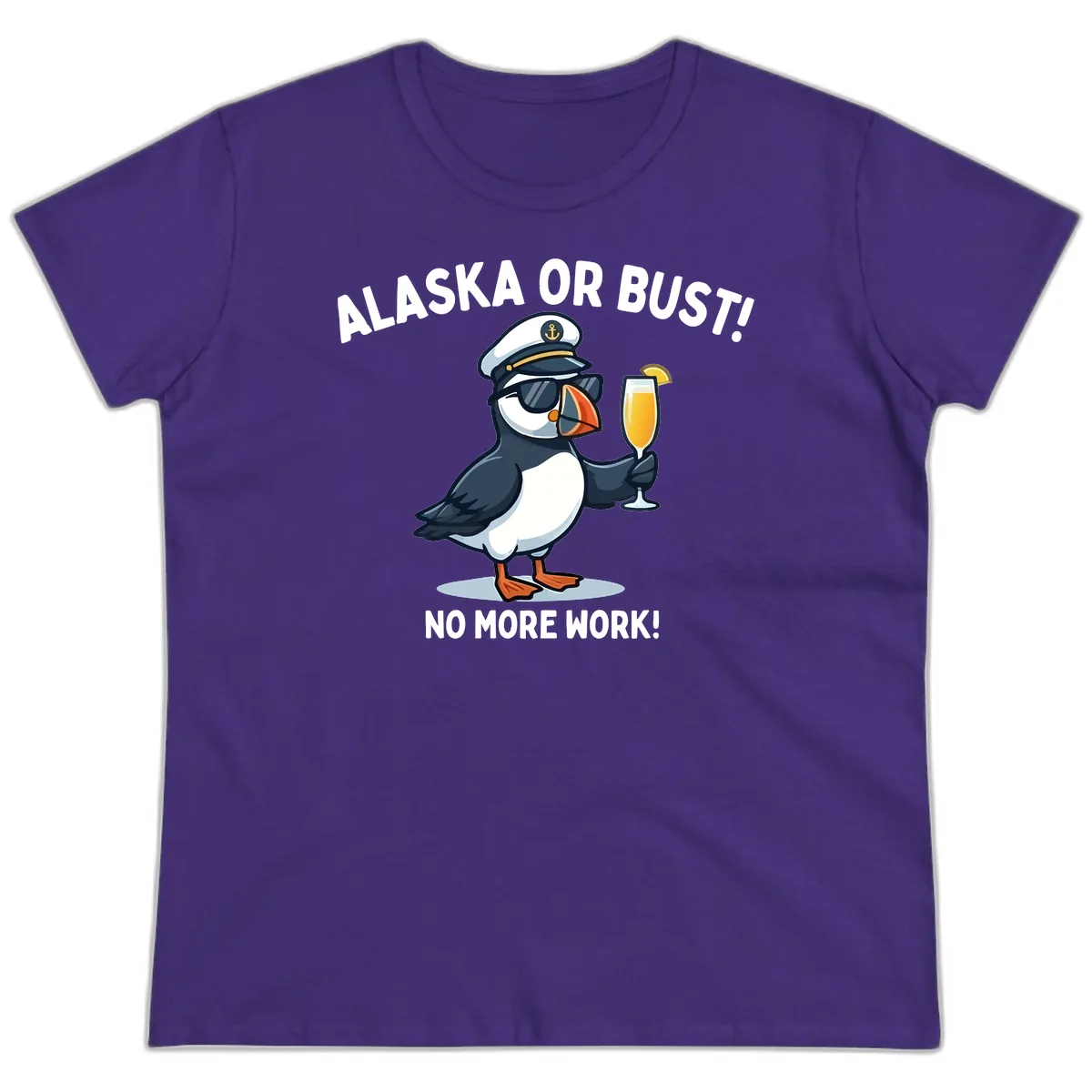 Alaska or Bust Captain Puffin Cruise Fun Ladies Tee in Purple