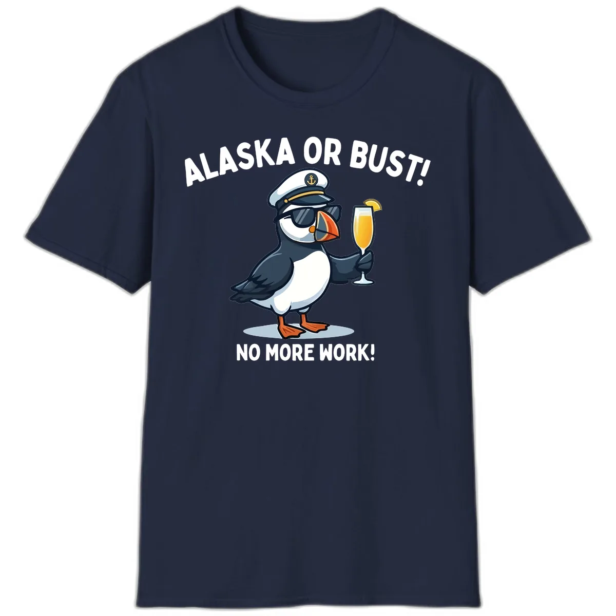 Alaska or Bust Captain Puffin Cruise Fun T-Shirt in Navy