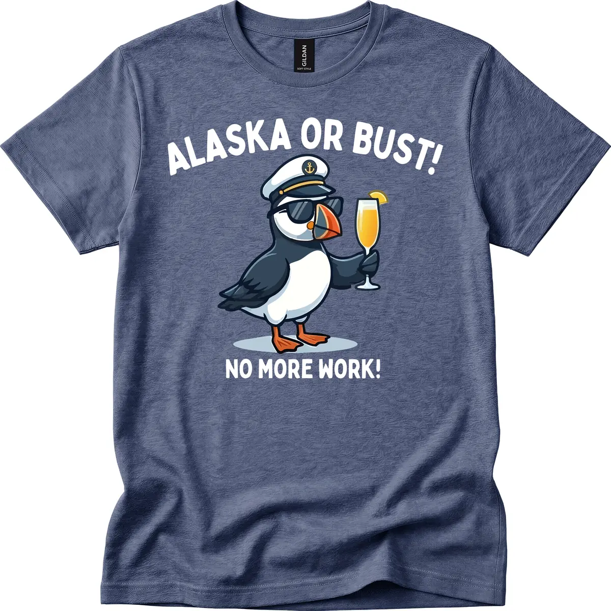 Alaska or Bust Captain Puffin Cruise Fun T-Shirt in Heather Navy
