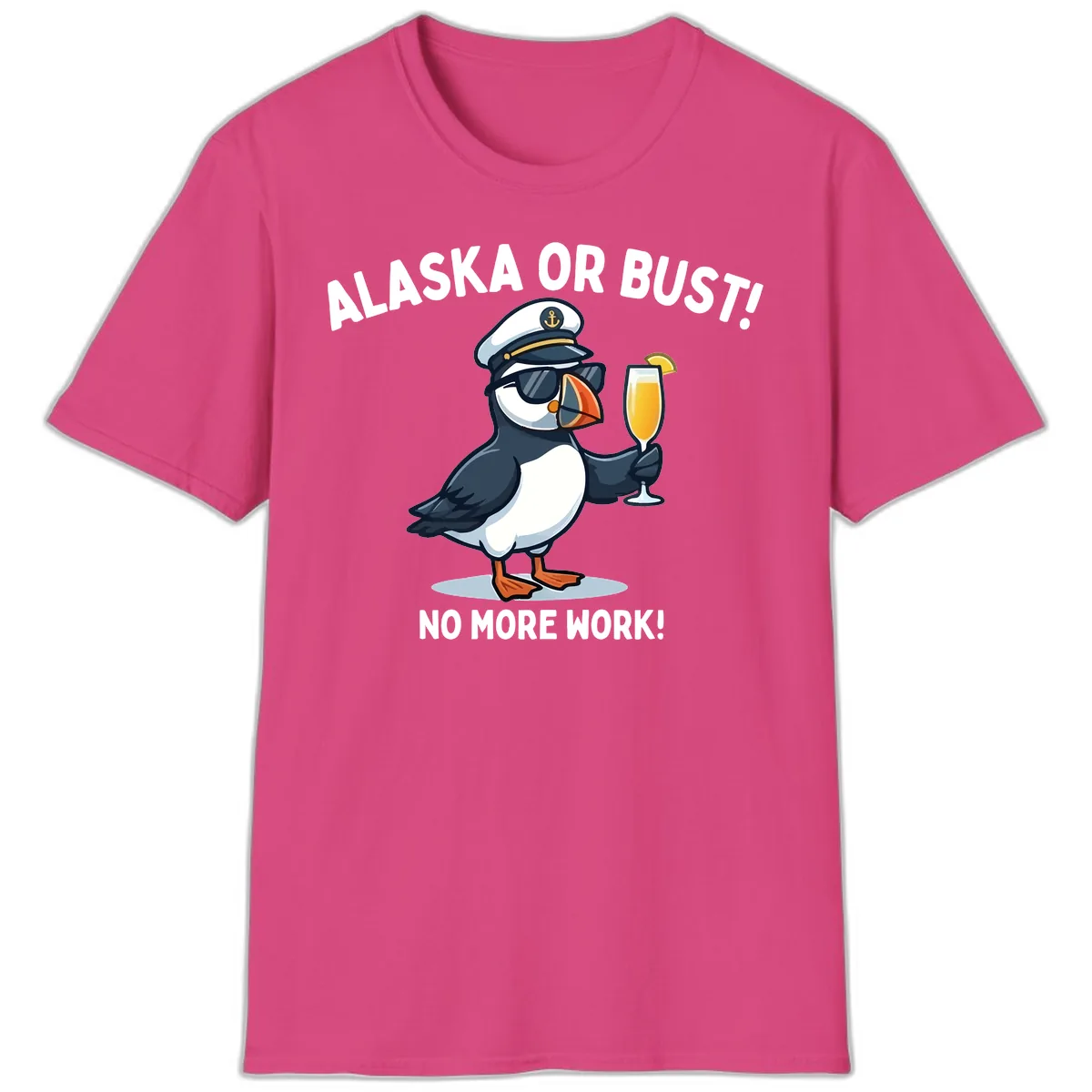Alaska or Bust Captain Puffin Cruise Fun T-Shirt in Heliconia