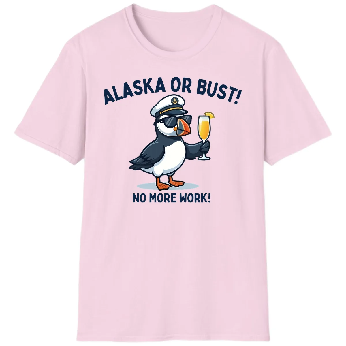 Alaska or Bust Captain Puffin Cruise Fun T-Shirt in Light Pink