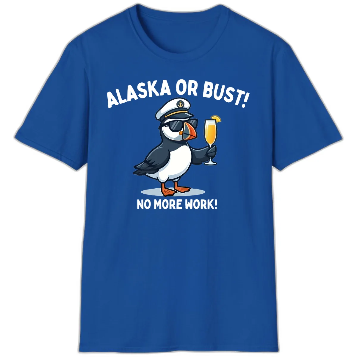 Alaska or Bust Captain Puffin Cruise Fun T-Shirt in Royal