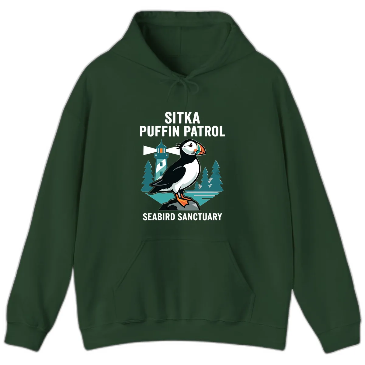 Sitka Puffin Patrol Seabird Sanctuary Adventure Hoodie in Forest Green
