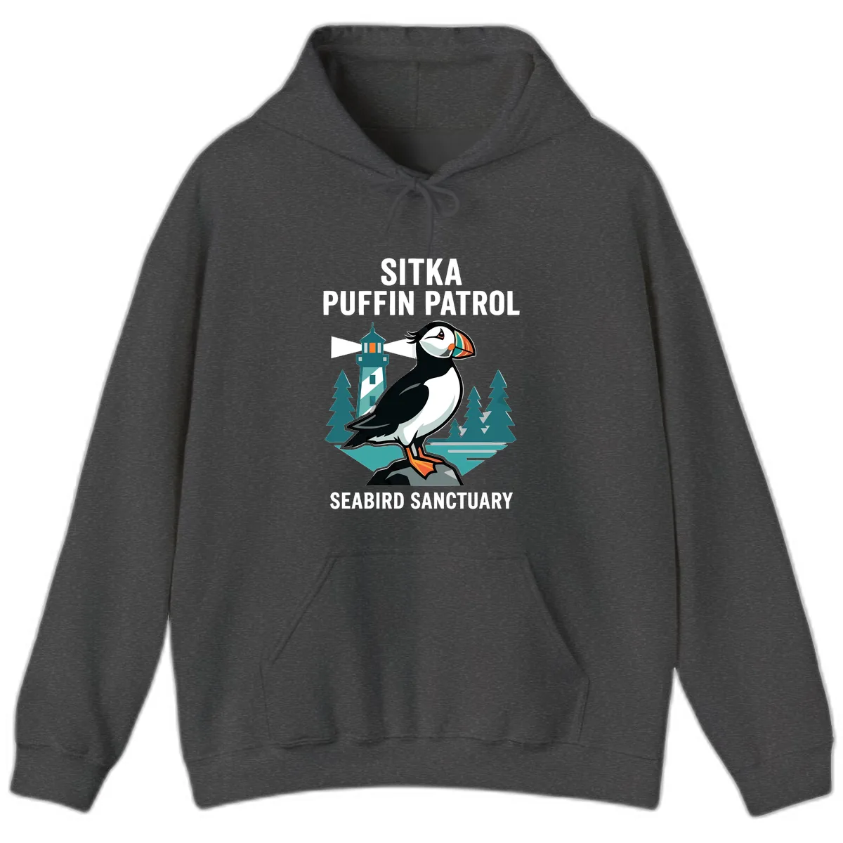 Sitka Puffin Patrol Seabird Sanctuary Adventure Hoodie in Dark Heather