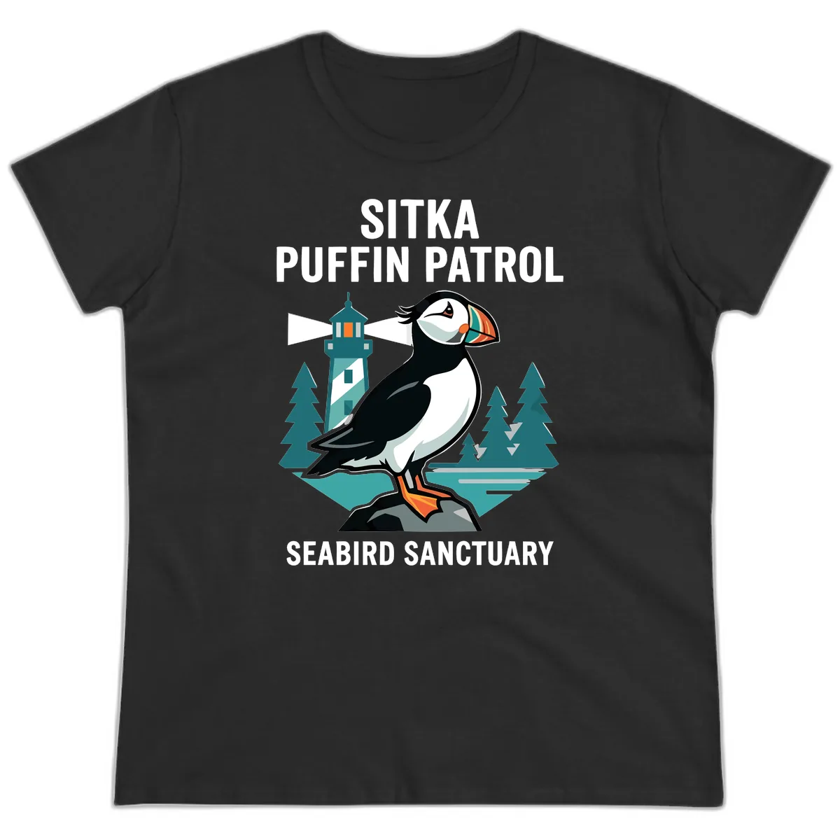 Sitka Puffin Patrol Seabird Sanctuary Adventure Ladies Tee in Black