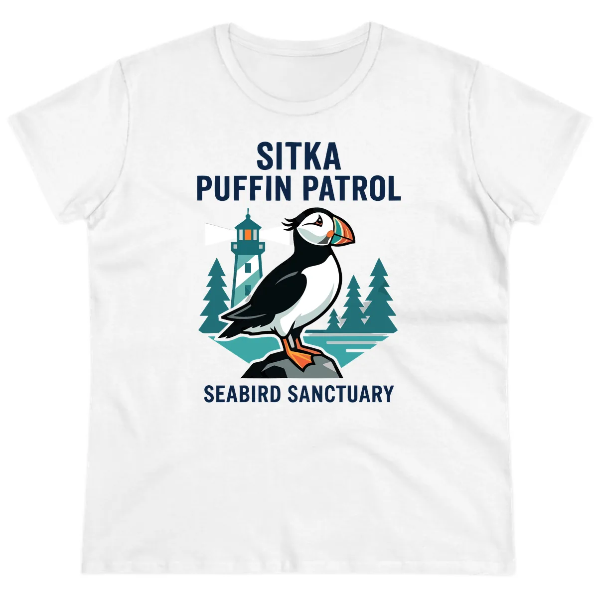 Sitka Puffin Patrol Seabird Sanctuary Adventure Ladies Tee in White
