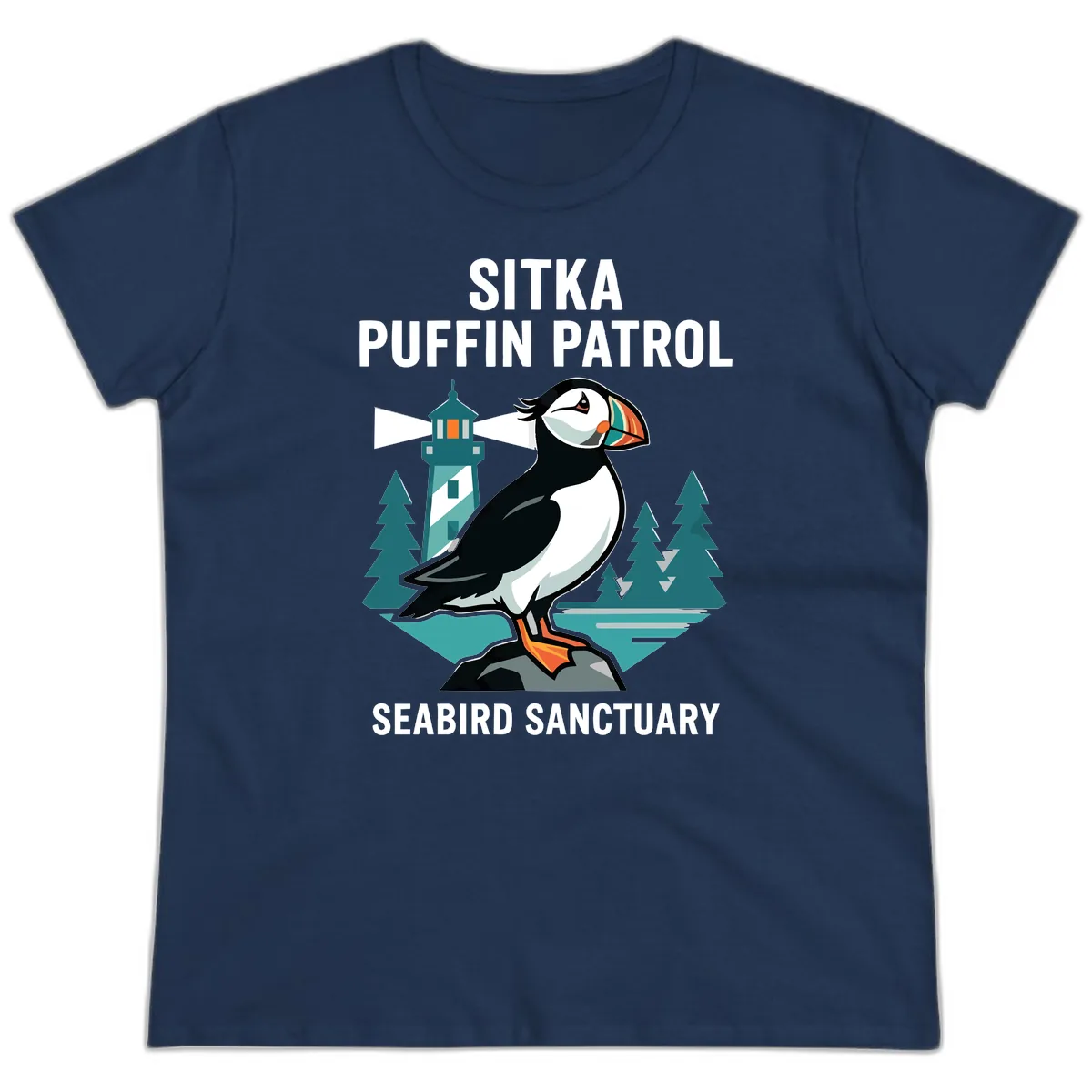 Sitka Puffin Patrol Seabird Sanctuary Adventure Ladies Tee in Navy