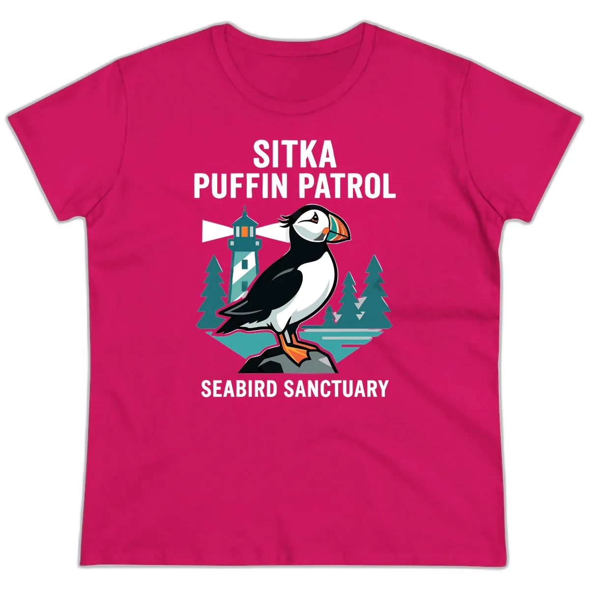 Sitka Puffin Patrol Seabird Sanctuary Adventure Ladies Tee in Heliconia