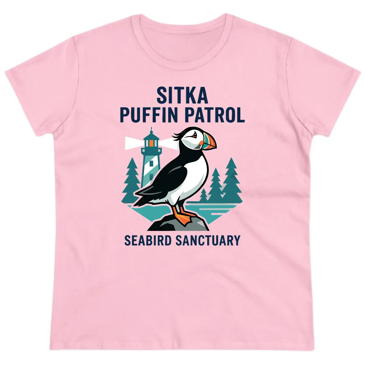 Sitka Puffin Patrol Seabird Sanctuary Adventure Ladies Tee in Light Pink