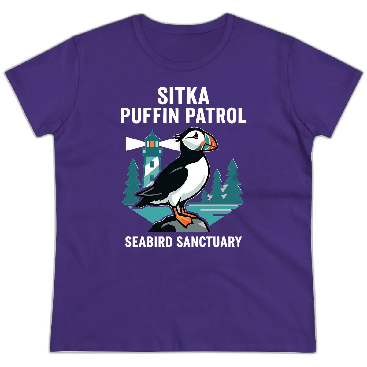 Sitka Puffin Patrol Seabird Sanctuary Adventure Ladies Tee in Purple