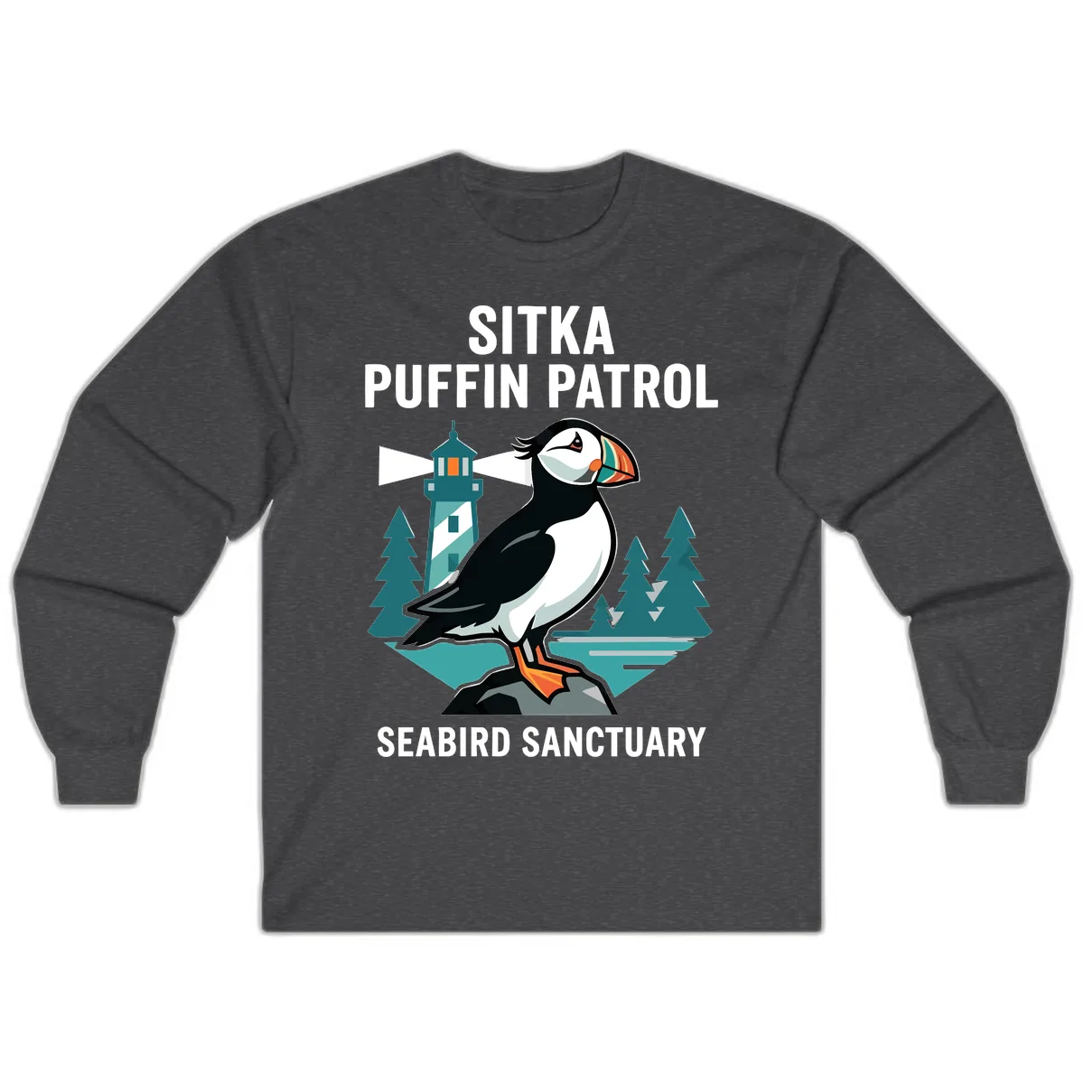 Sitka Puffin Patrol Seabird Sanctuary Adventure Long Sleeve in Dark Heather