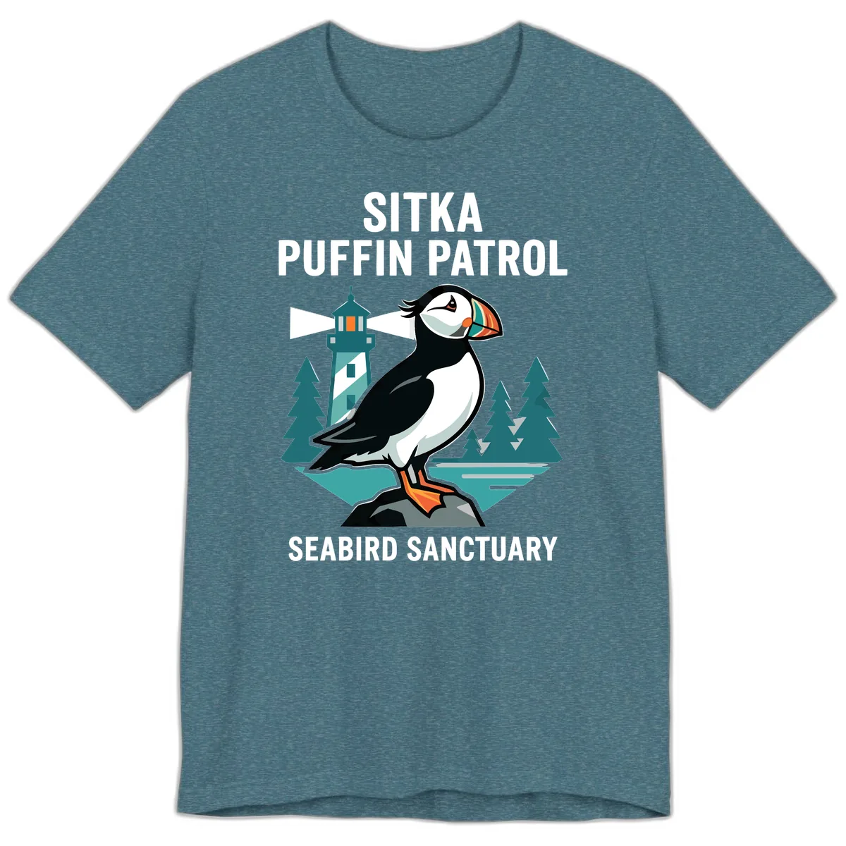 Sitka Puffin Patrol Seabird Sanctuary Adventure Premium T-Shirt in Heather Deep Teal