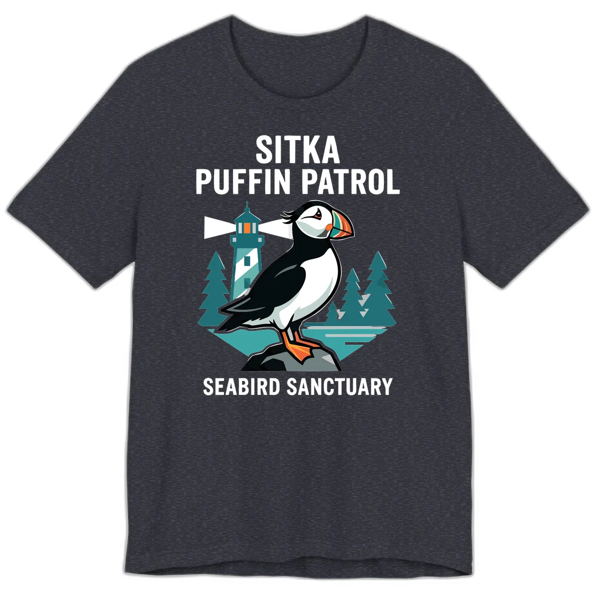 Sitka Puffin Patrol Seabird Sanctuary Adventure Premium T-Shirt in Heather Navy
