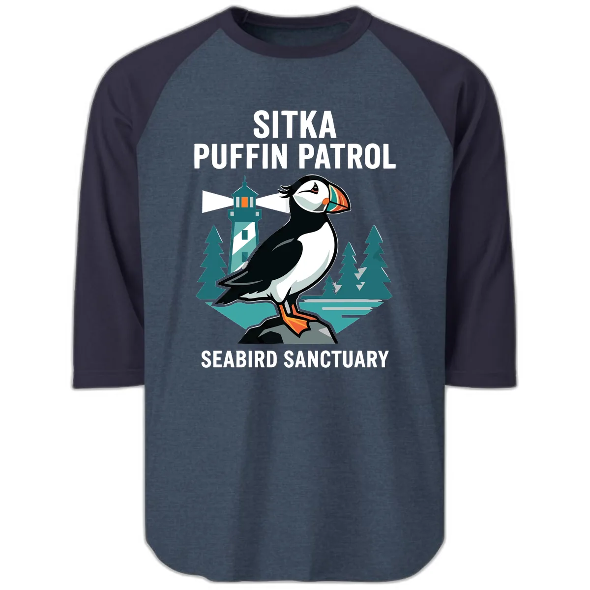 Sitka Puffin Patrol Seabird Sanctuary Adventure Raglan 3/4 in Heather Denim Navy
