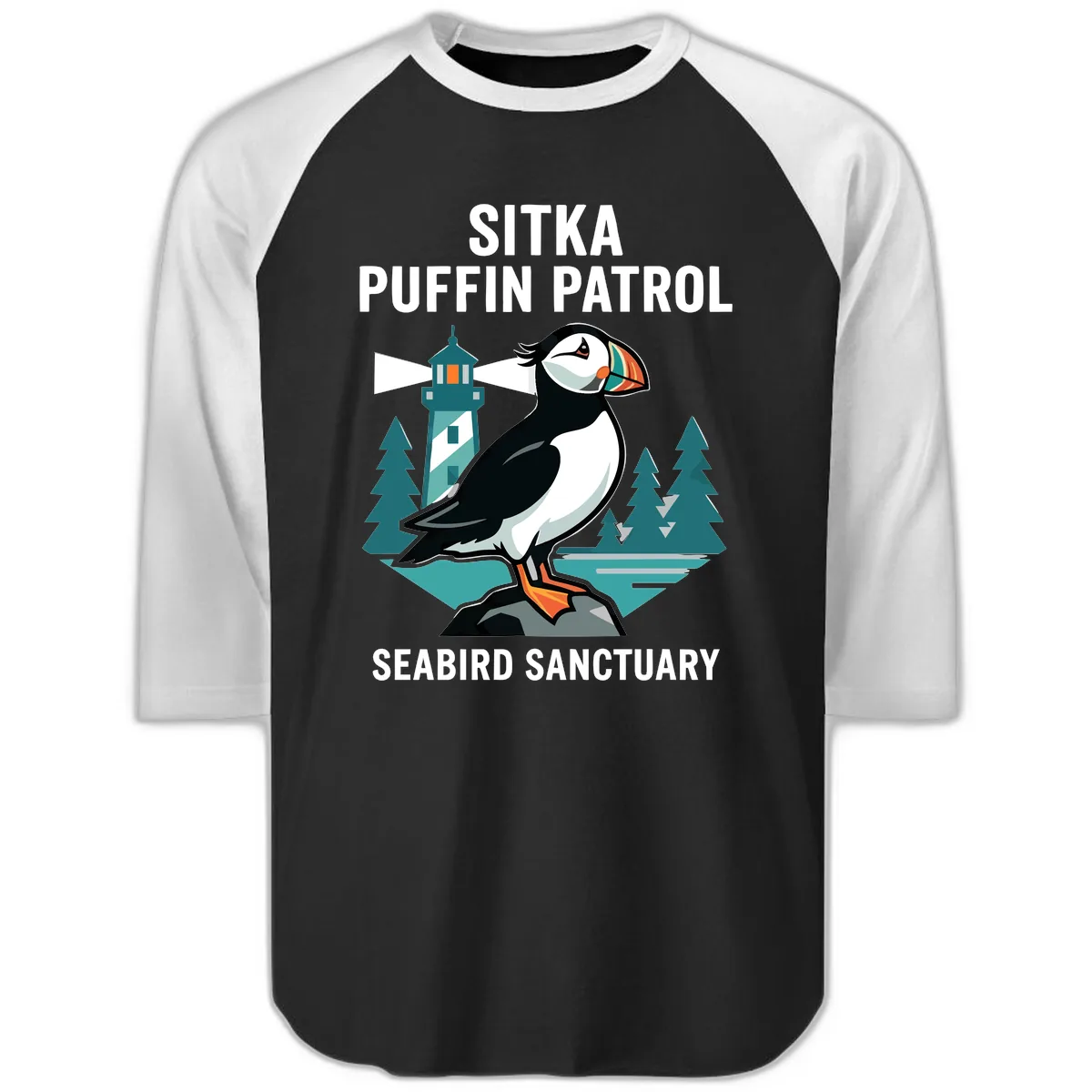 Sitka Puffin Patrol Seabird Sanctuary Adventure Raglan 3/4 in Black White