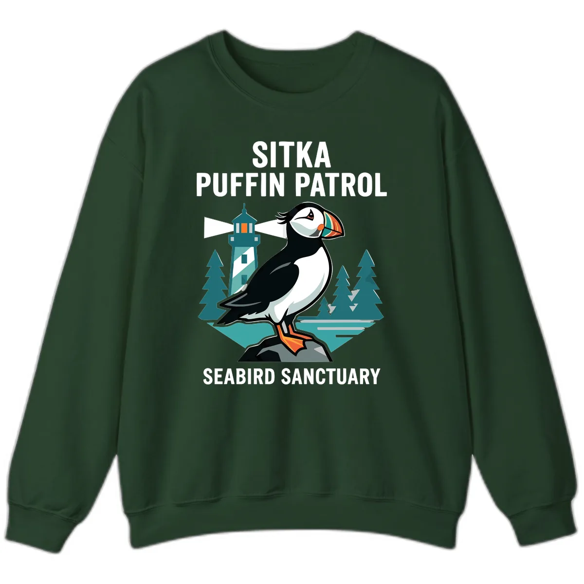 Sitka Puffin Patrol Seabird Sanctuary Adventure Sweatshirt in Forest Green