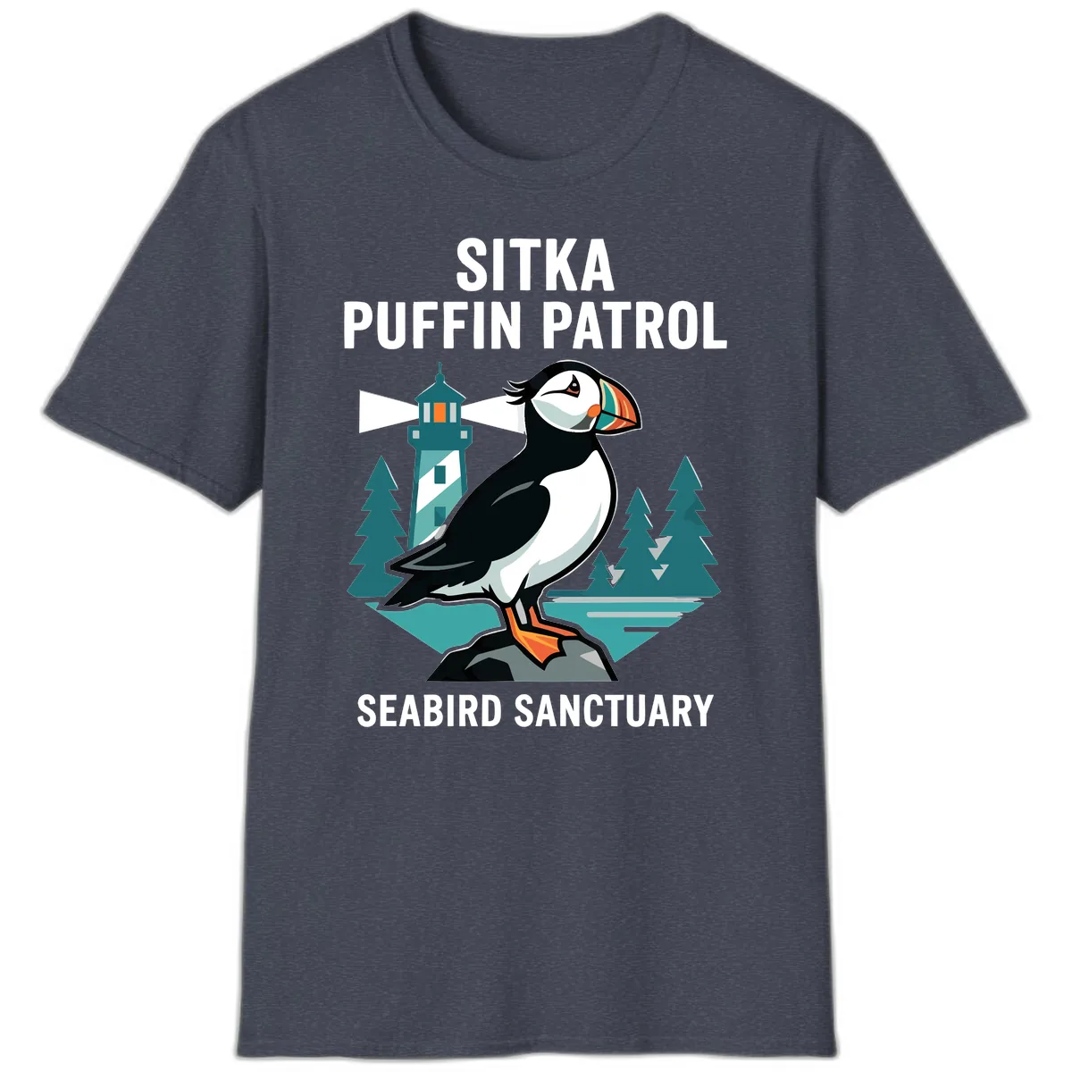 Sitka Puffin Patrol Seabird Sanctuary Adventure T-Shirt in Heather Navy