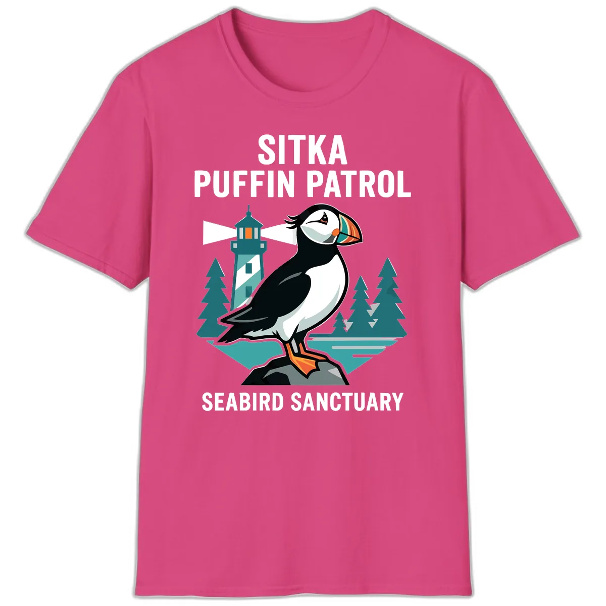 Sitka Puffin Patrol Seabird Sanctuary Adventure T-Shirt in Heliconia