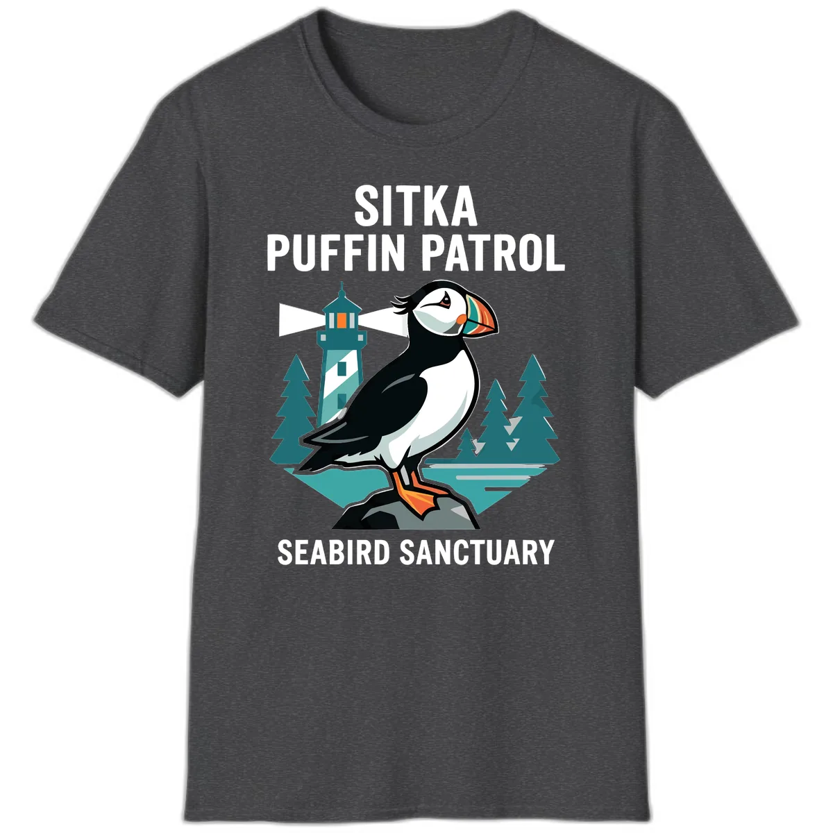 Sitka Puffin Patrol Seabird Sanctuary Adventure T-Shirt in Dark Heather