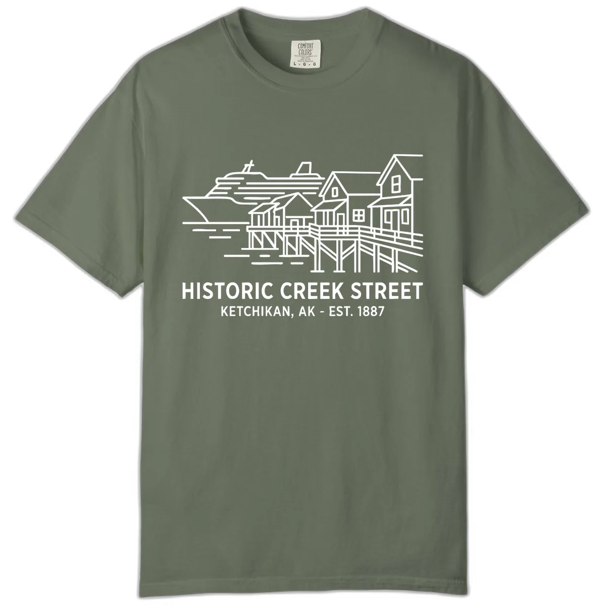 Historic Creek Street Ketchikan Alaska Waterfront Scene Comfort Color in Moss