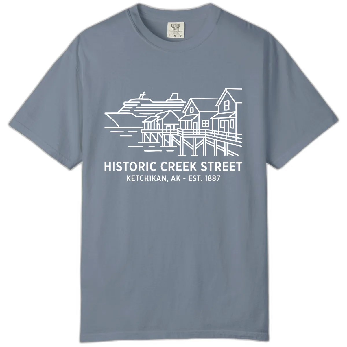 Historic Creek Street Ketchikan Alaska Waterfront Scene Comfort Color in Blue Jean