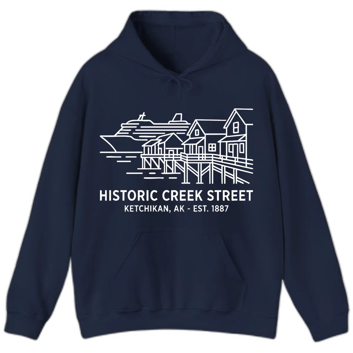 Historic Creek Street Ketchikan Alaska Waterfront Scene Hoodie in Navy