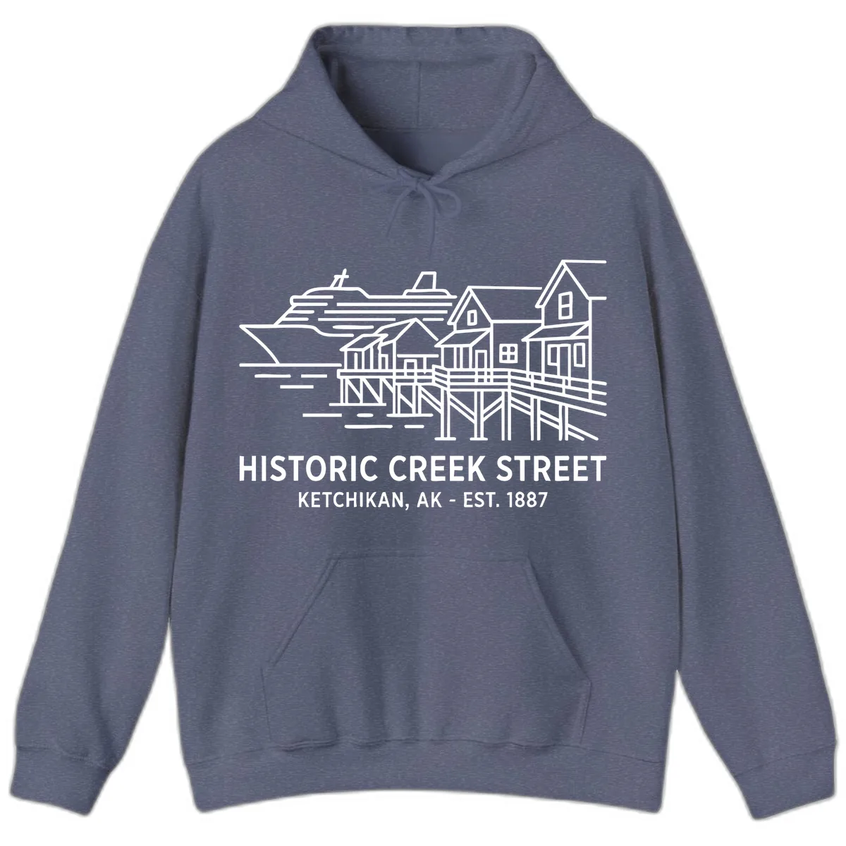 Historic Creek Street Ketchikan Alaska Waterfront Scene Hoodie in Heather Navy