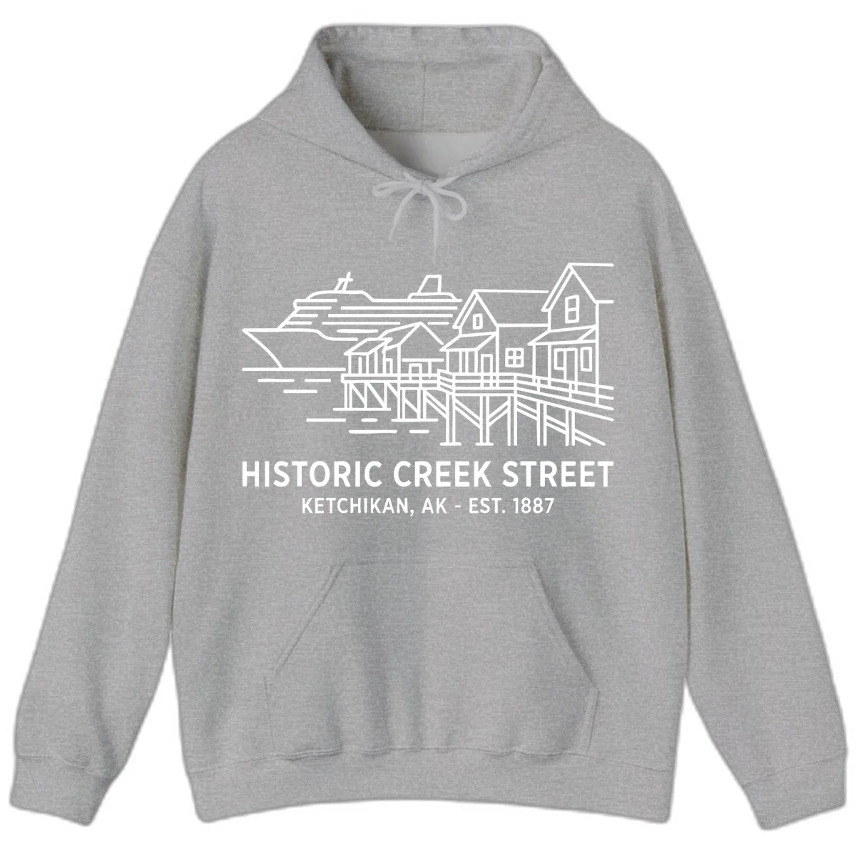 Historic Creek Street Ketchikan Alaska Waterfront Scene Hoodie in Sport Grey