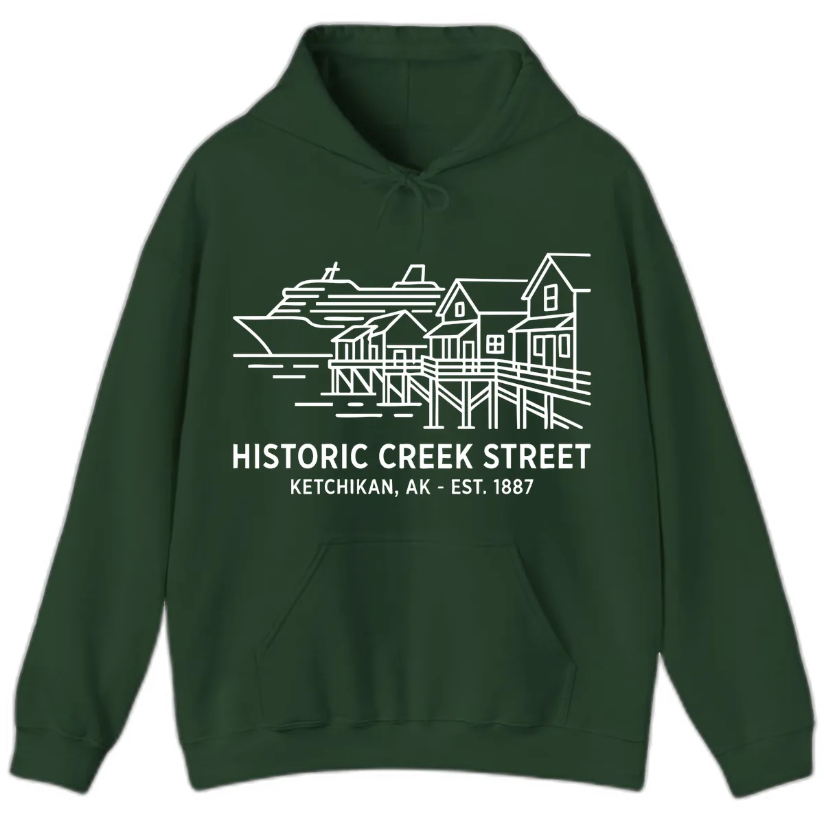 Historic Creek Street Ketchikan Alaska Waterfront Scene Hoodie in Forest Green