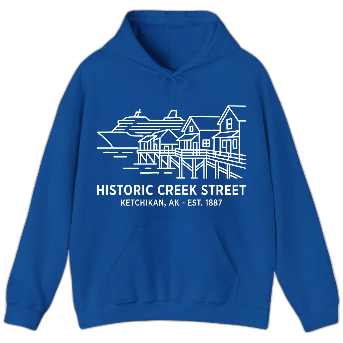 Historic Creek Street Ketchikan Alaska Waterfront Scene Hoodie in Royal
