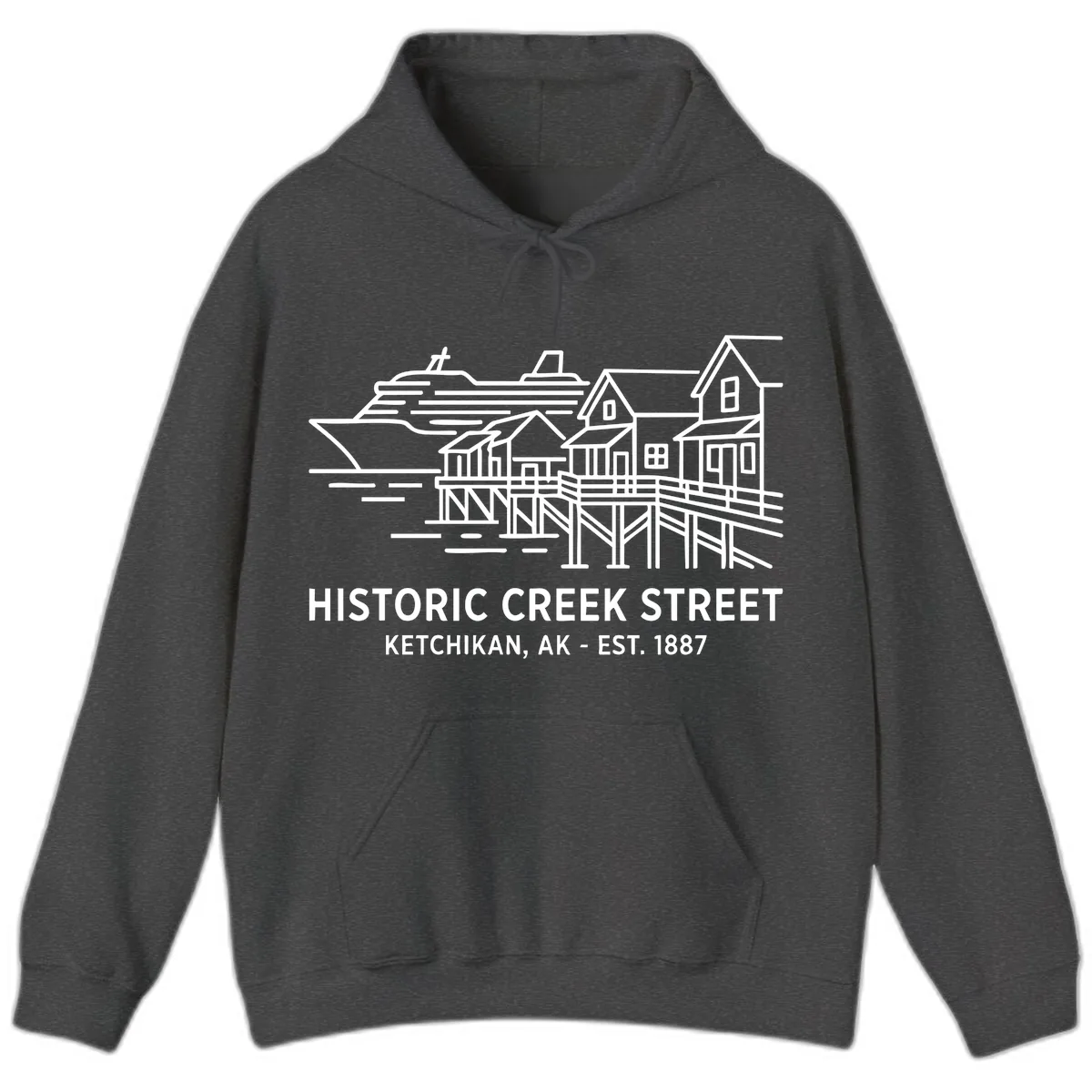Historic Creek Street Ketchikan Alaska Waterfront Scene Hoodie in Dark Heather