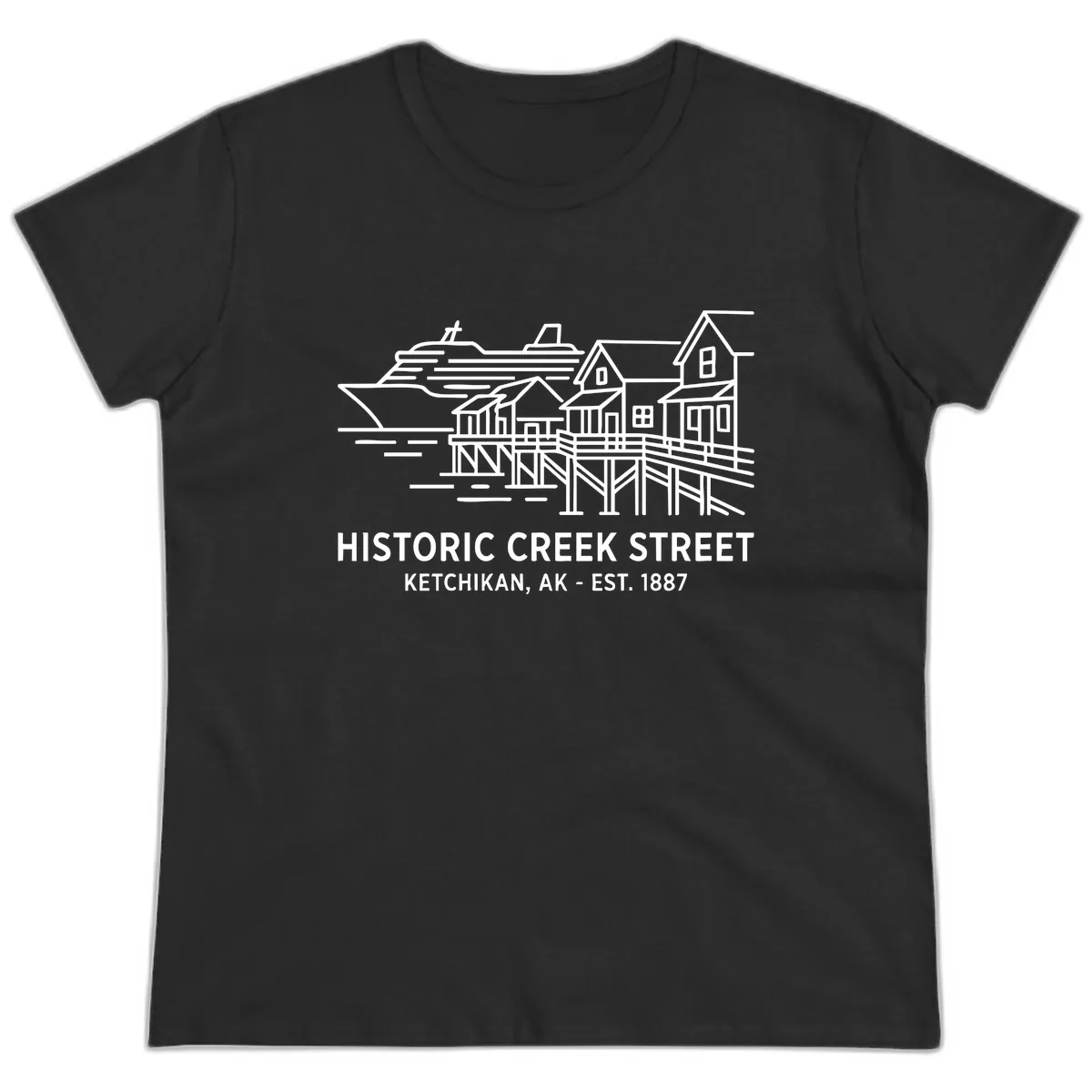 Historic Creek Street Ketchikan Alaska Waterfront Scene Ladies Tee in Black