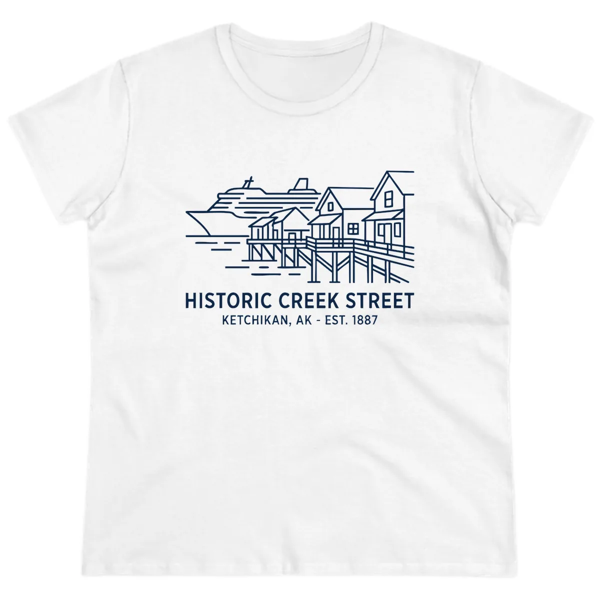 Historic Creek Street Ketchikan Alaska Waterfront Scene Ladies Tee in White