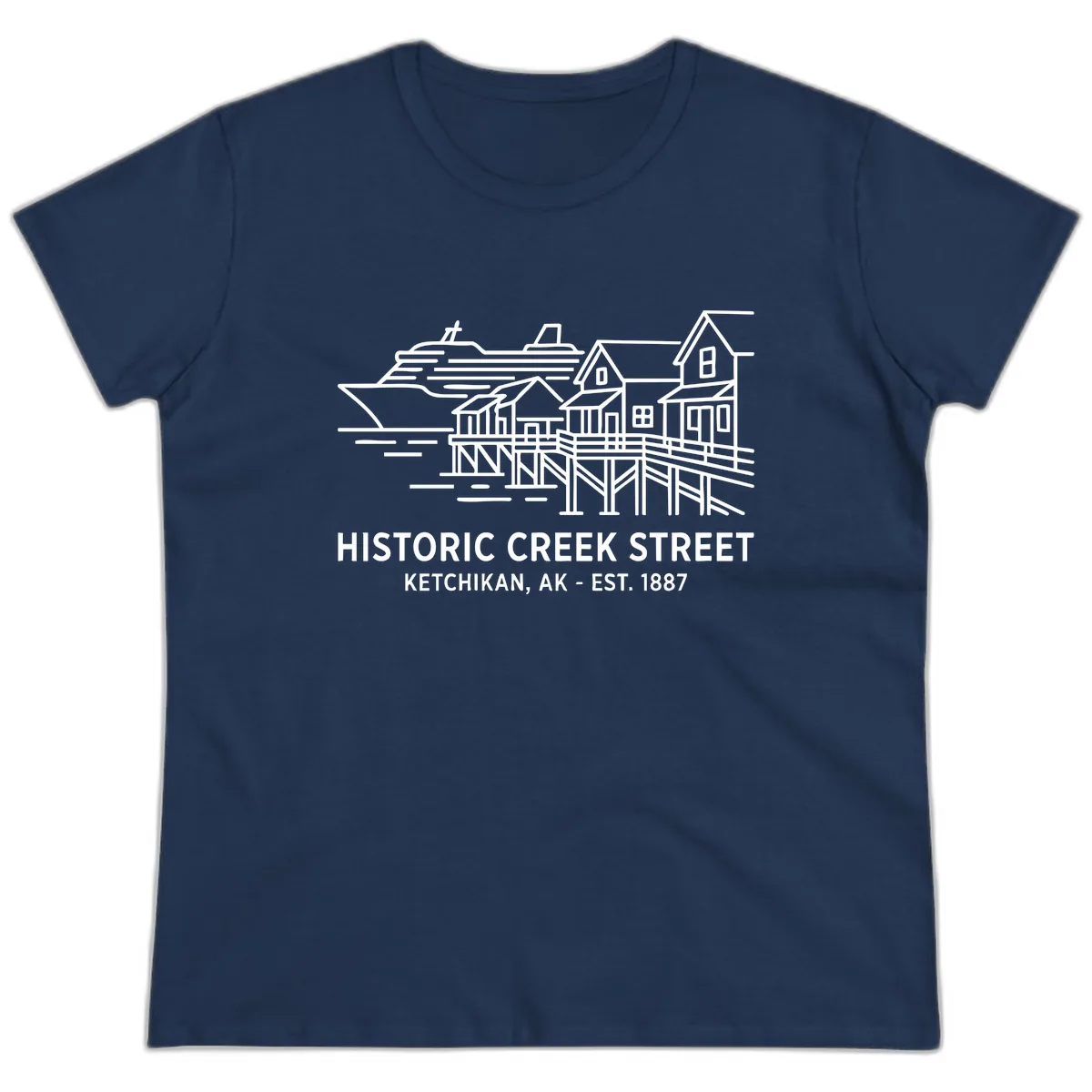 Historic Creek Street Ketchikan Alaska Waterfront Scene Ladies Tee in Navy