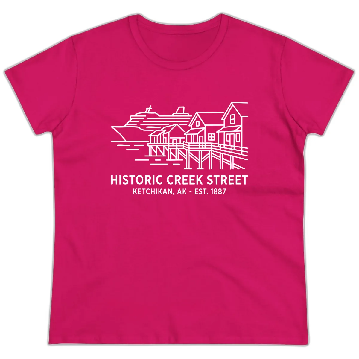 Historic Creek Street Ketchikan Alaska Waterfront Scene Ladies Tee in Heliconia