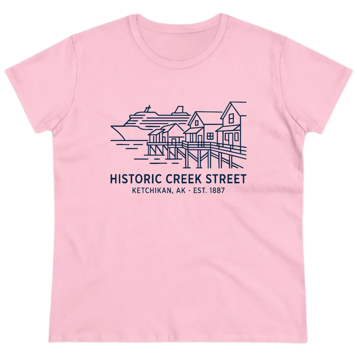 Historic Creek Street Ketchikan Alaska Waterfront Scene Ladies Tee in Light Pink