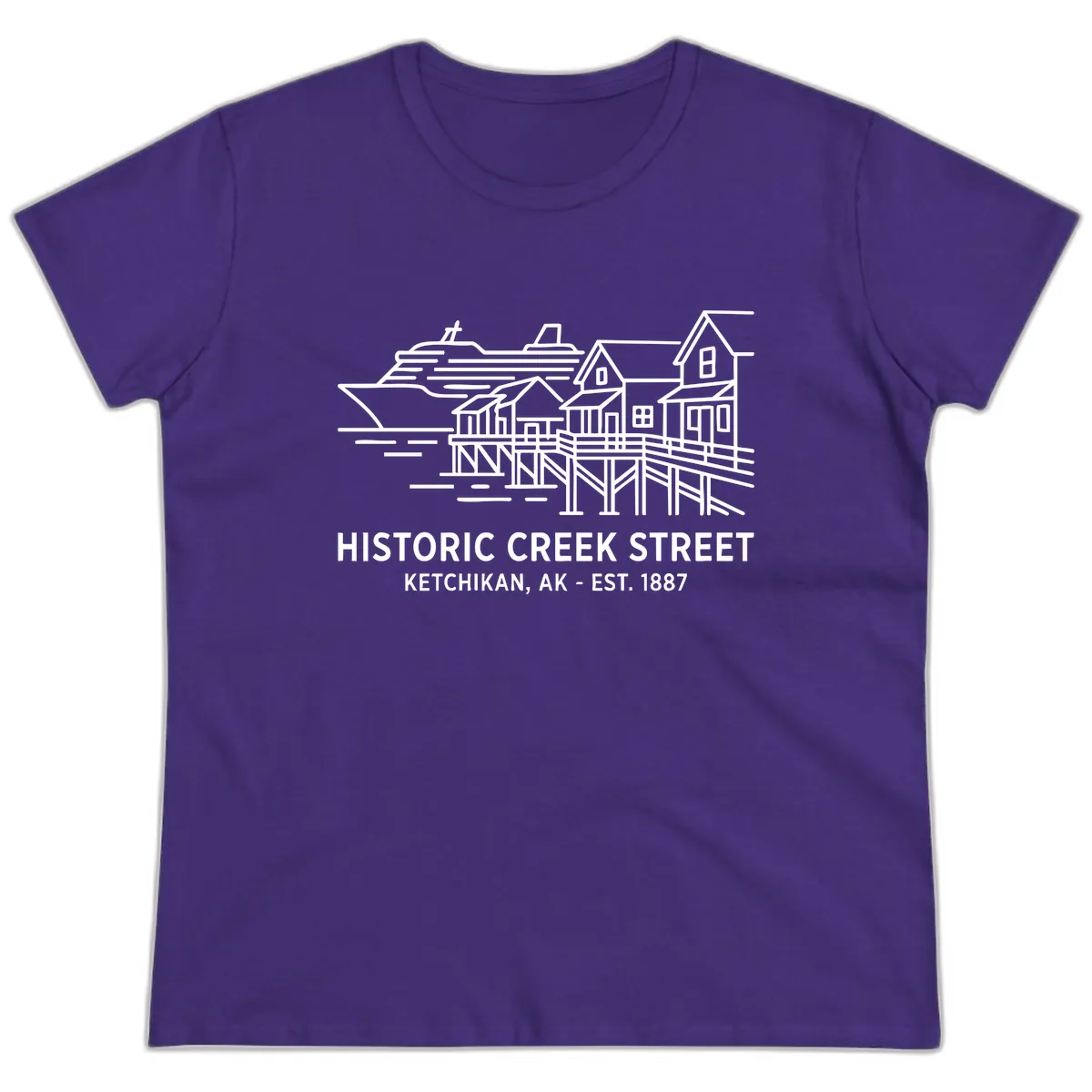 Historic Creek Street Ketchikan Alaska Waterfront Scene Ladies Tee in Purple