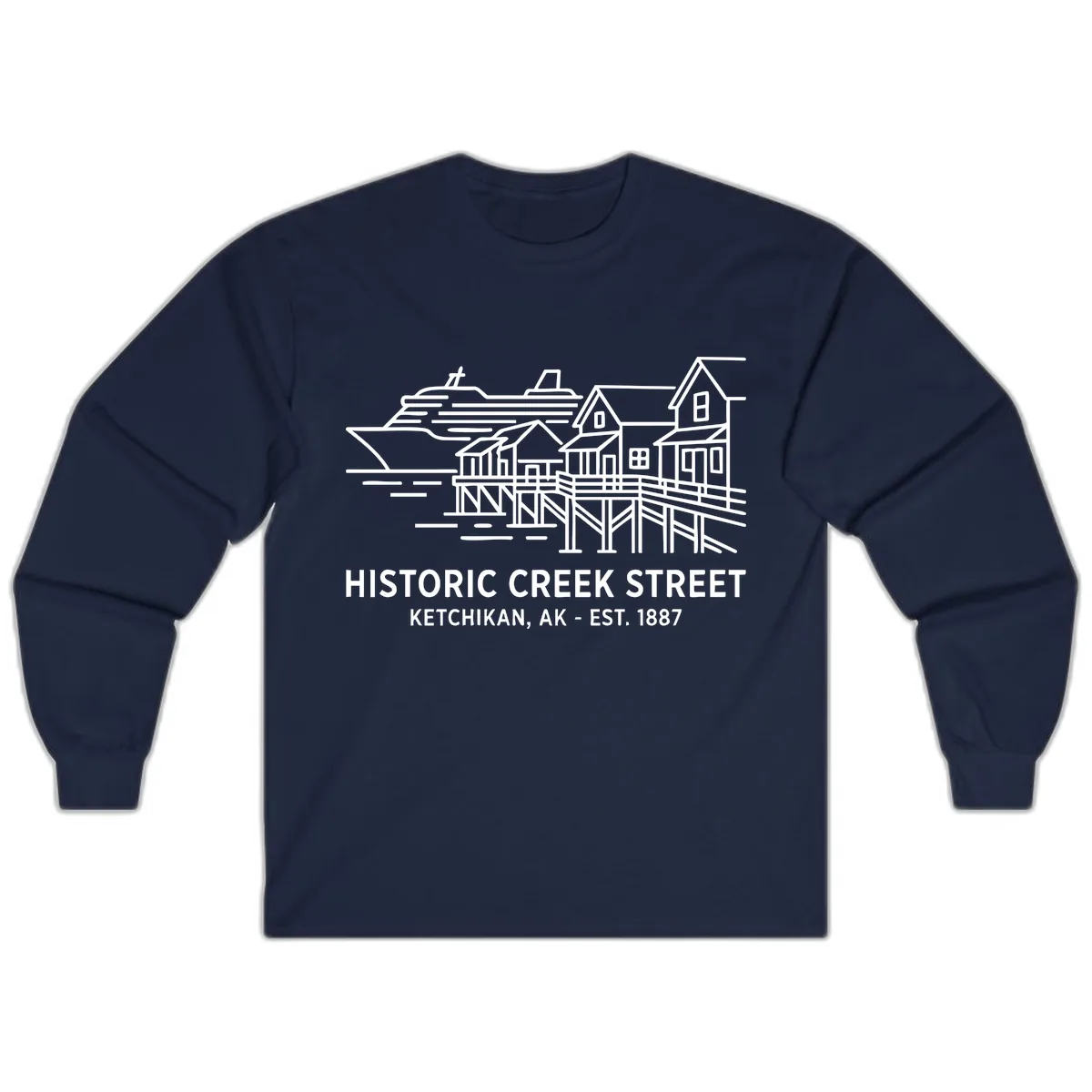 Historic Creek Street Ketchikan Alaska Waterfront Scene Long Sleeve in Navy