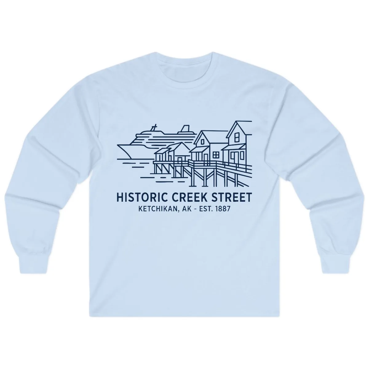 Historic Creek Street Ketchikan Alaska Waterfront Scene Long Sleeve in Light Blue