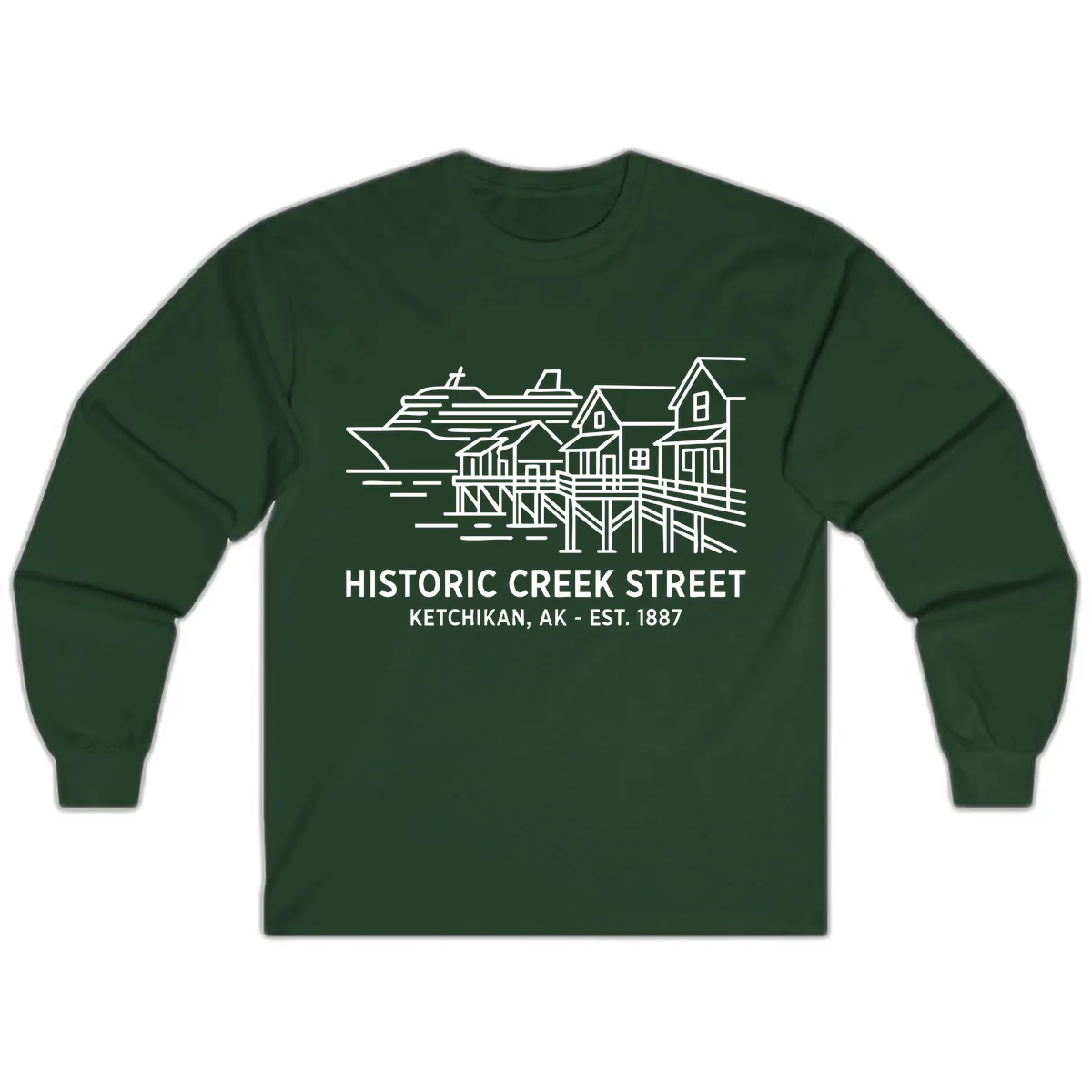 Historic Creek Street Ketchikan Alaska Waterfront Scene Long Sleeve in Forest Green