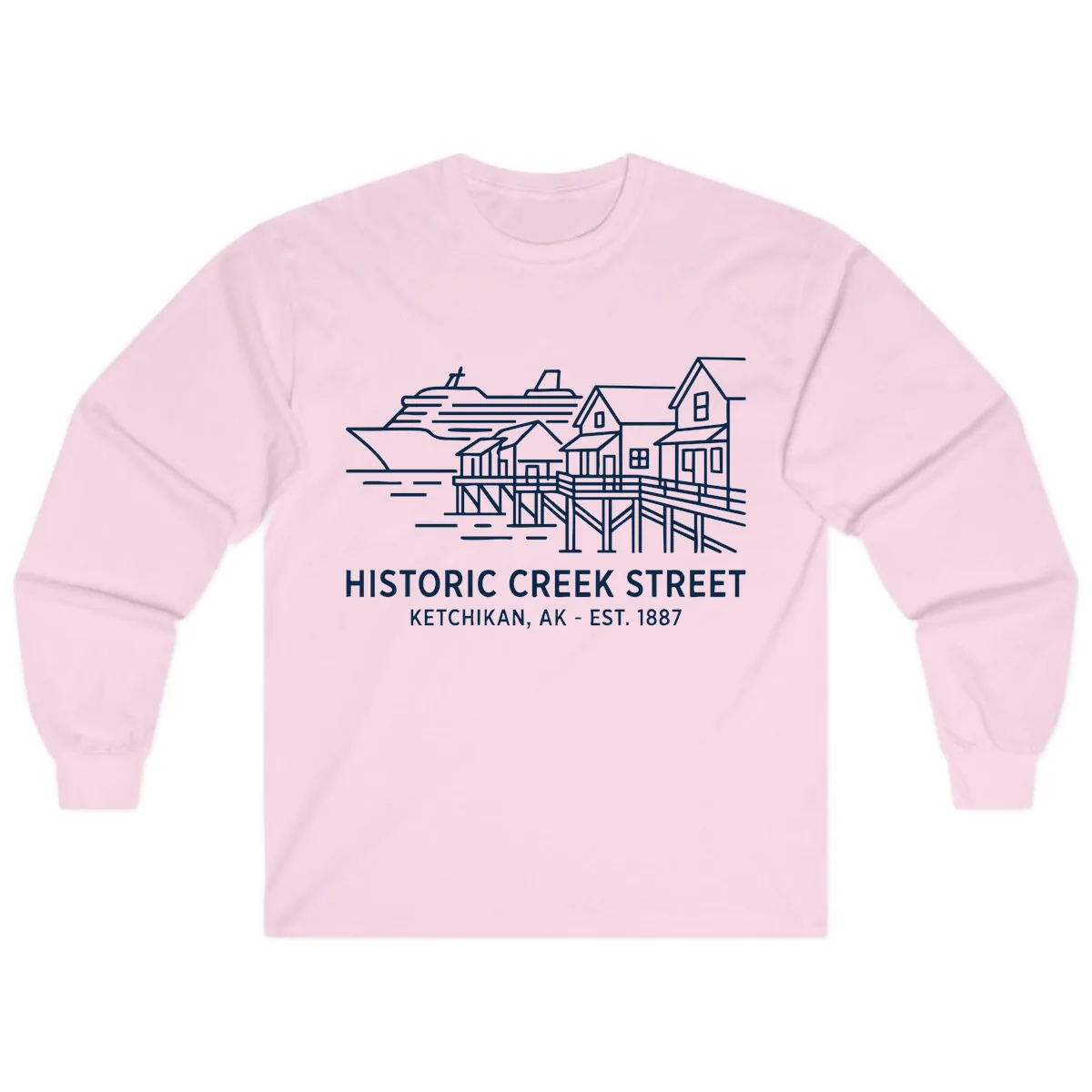 Historic Creek Street Ketchikan Alaska Waterfront Scene Long Sleeve in Light Pink