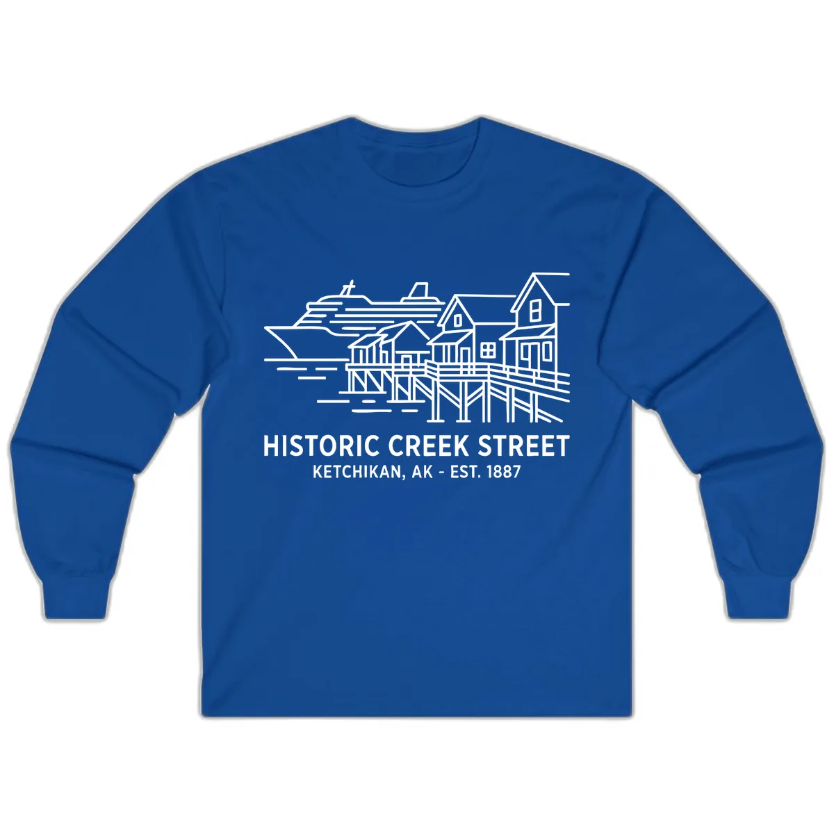 Historic Creek Street Ketchikan Alaska Waterfront Scene Long Sleeve in Royal