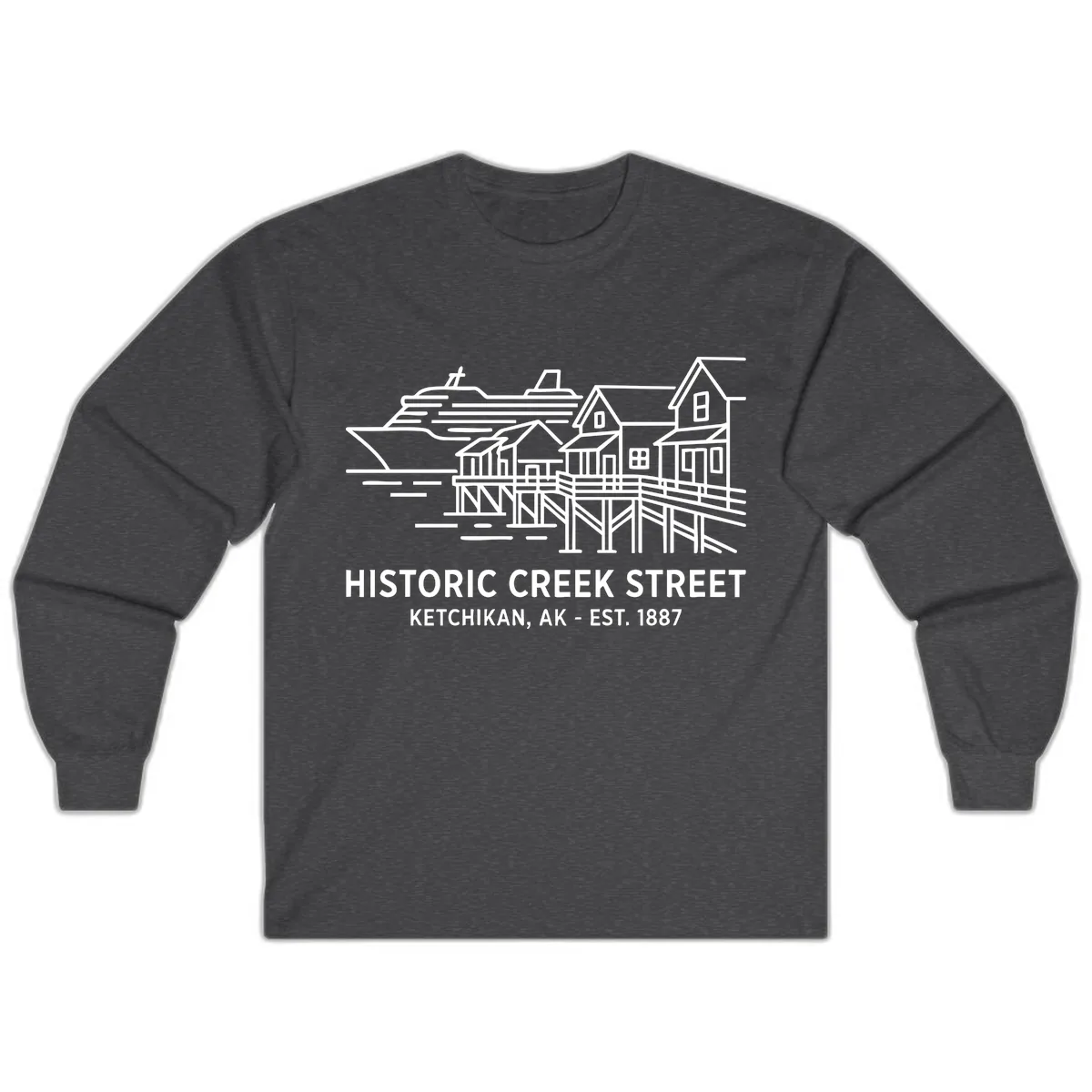 Historic Creek Street Ketchikan Alaska Waterfront Scene Long Sleeve in Dark Heather