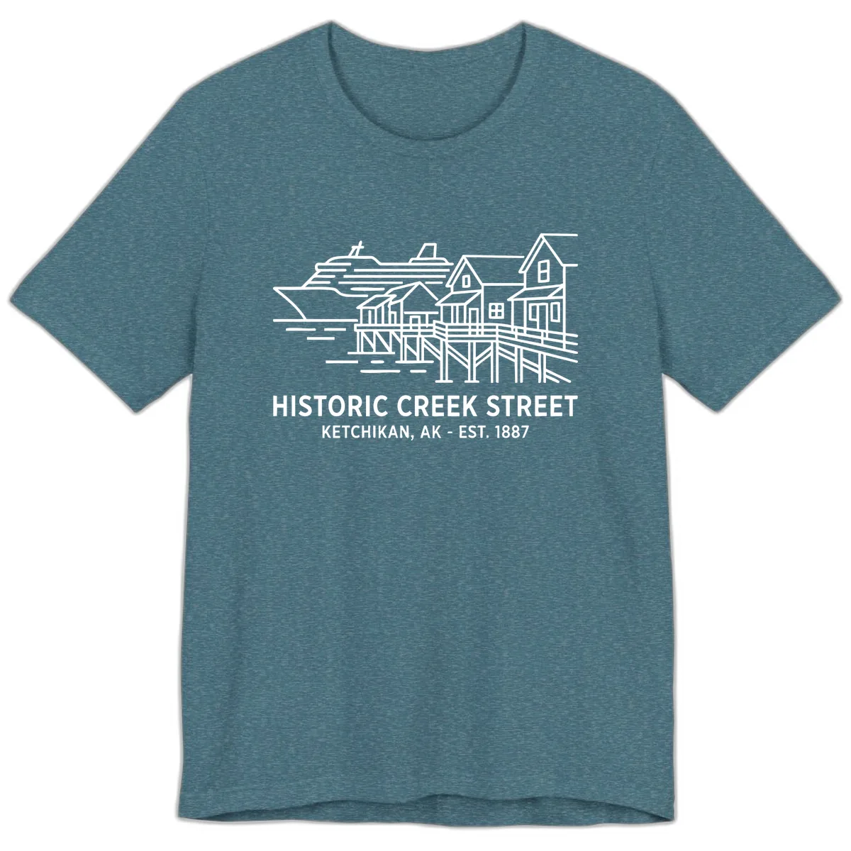 Historic Creek Street Ketchikan Alaska Waterfront Scene Premium T-Shirt in Heather Deep Teal