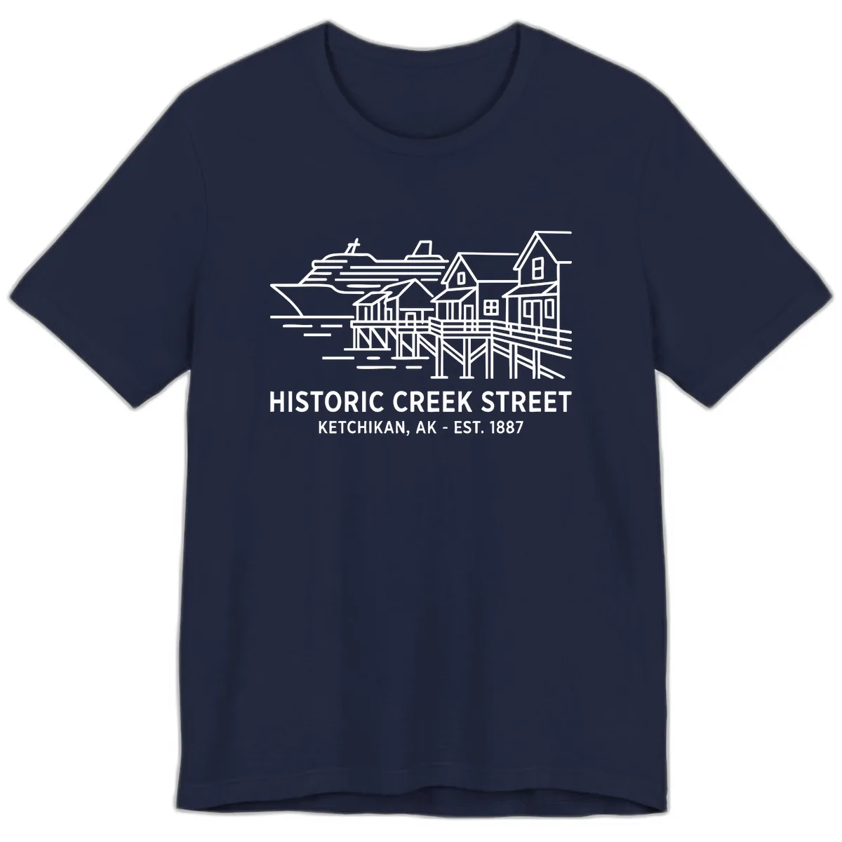 Historic Creek Street Ketchikan Alaska Waterfront Scene Premium T-Shirt in Navy