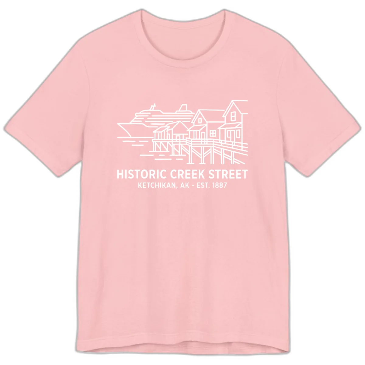 Historic Creek Street Ketchikan Alaska Waterfront Scene Premium T-Shirt in Pink