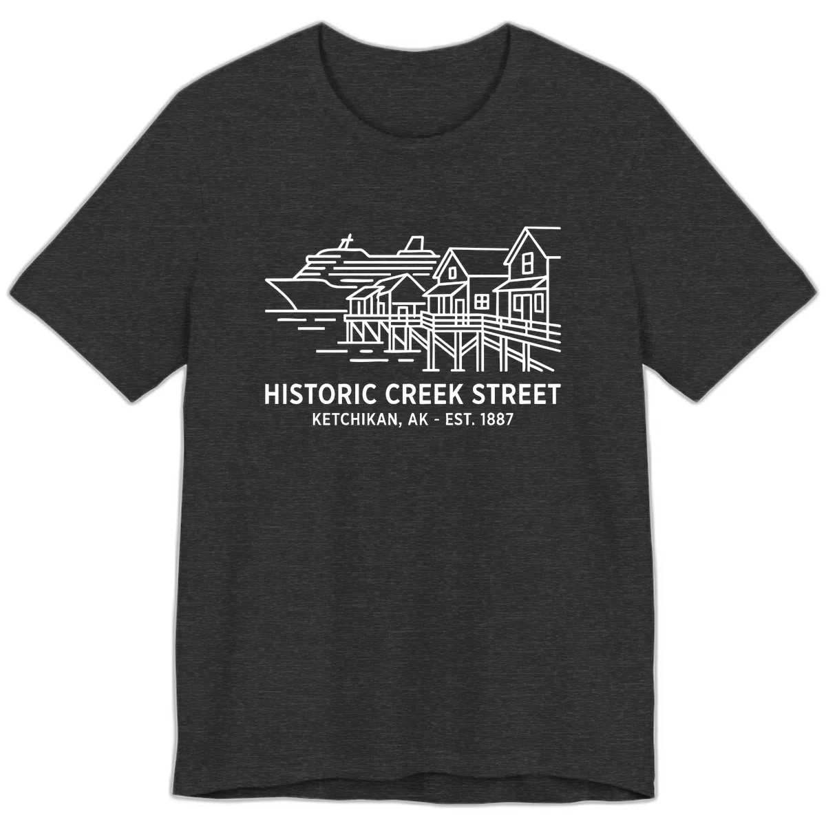 Historic Creek Street Ketchikan Alaska Waterfront Scene Premium T-Shirt in Dark Grey Heather